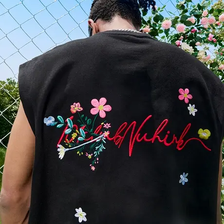 Nuthink大码美式复古花卉字母刺绣背心宽松无袖男女2025夏季新款图片