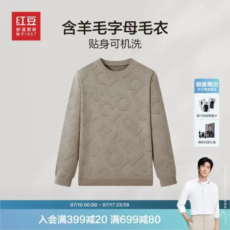 红豆圆领毛衣男士25年春季新款含羊毛保暖可机洗字母提花针织毛衫图片