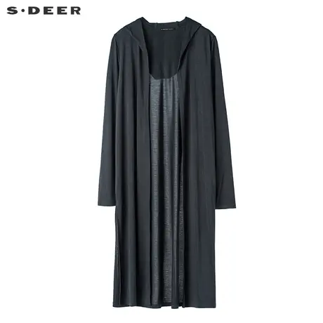 sdeer圣迪奥2019夏装简约纯色开襟连帽长款风衣防晒服女S17281827图片