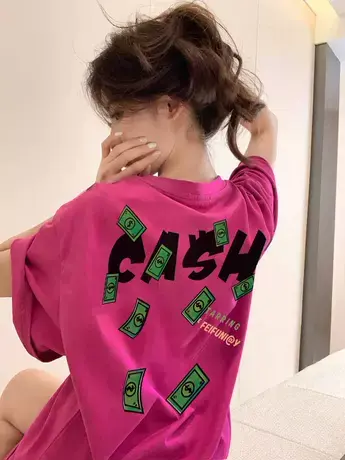 玫红色新款打底印花t恤女韩系短袖纯棉半袖衫宽松设计感内搭上衣图片