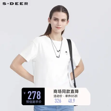 sdeer圣迪奥女装夏季短袖上衣休闲圆领趣味印花白色T恤S21280150图片