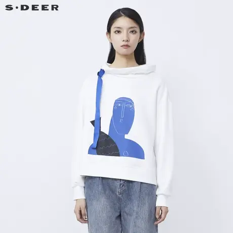 sdeer圣迪奥女装个性高领抽象胶印白色卫衣外套S21482209图片
