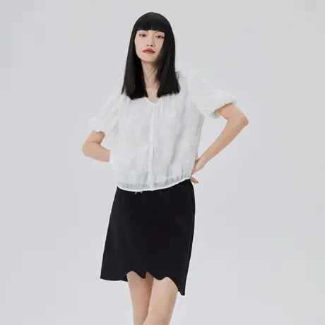 艾莱依肌理褶皱小衫女夏季新款刺绣优雅上衣办公通勤休闲时尚衬衣图片