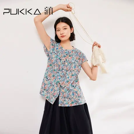 蒲PUKKA 宽松短袖衬衫女简约通勤设计感印花衬衣商品大图