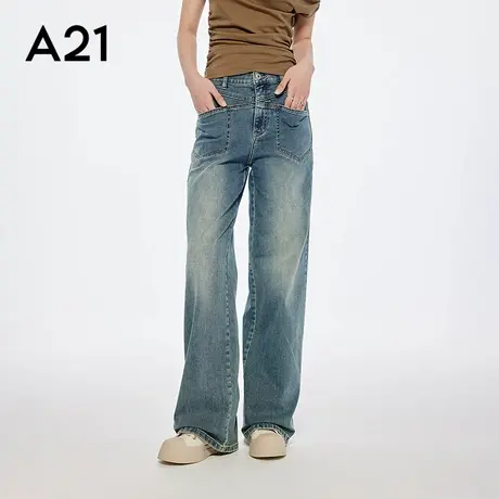 A21女装浅蓝做旧复古牛仔裤简约高腰长裤宽松阔腿裤商品大图