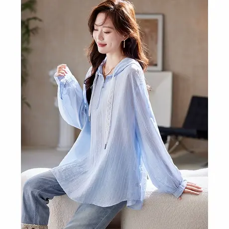 宝诗黎连帽宽松条纹雪纺衬衫2025夏季韩系时尚宽松百搭大码衬衣女图片