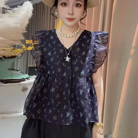 2025夏季新款韩系v领碎花衬衫上衣女设计感飞飞袖短袖衬衣小衫潮商品大图