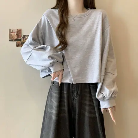 小个子短款无帽卫衣女2024春秋新款薄款宽松小众设计感长袖上衣服图片