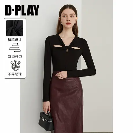 DPLAY2025年春季新款黑色t恤女上衣独特紧身高智感女士修身打底衫图片
