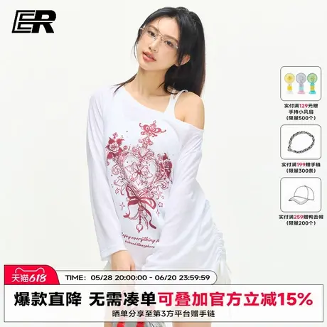 ER辣妹一字肩涂鸦防晒罩衫女夏季爆款设计感小众斜露肩长袖t恤图片