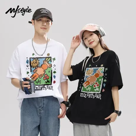 MJ STYLE纯棉短袖T恤女2025夏季新款休闲落肩男款圆领宽松情侣款商品大图