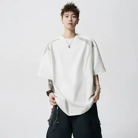 回力美式高街短袖T恤男夏季拼接撞色休闲上衣复古设计感半袖体恤商品大图