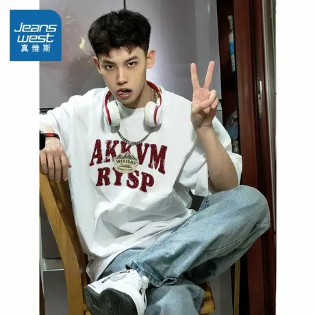 G2真维斯男装纯棉港风印花体恤衫2025春季新品男款宽松圆领上衣商品大图