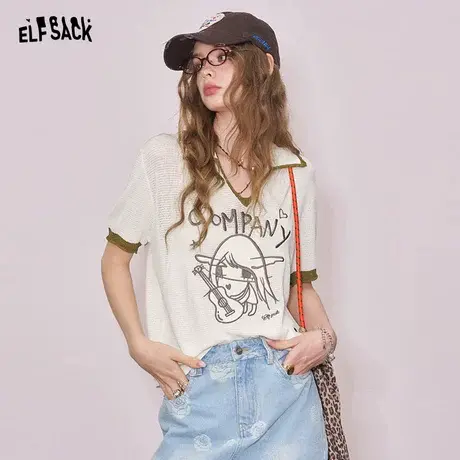 妖精的口袋翻领正肩刺绣短袖针织衫2025年夏季新款设计感薄款上衣商品大图