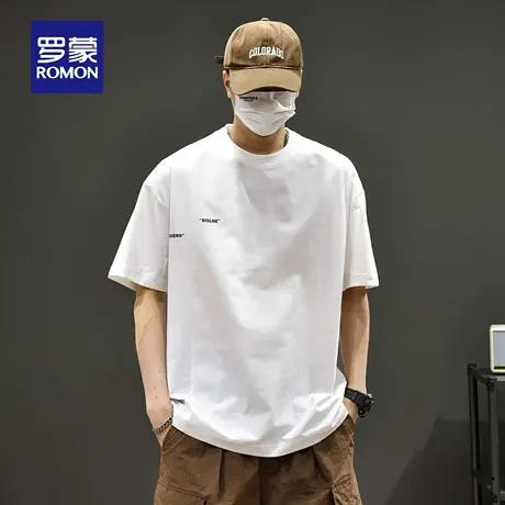 罗蒙夏季重磅圆领男士T恤衫宽松纯色潮牌短袖冰丝时尚舒适上衣N1Z商品大图