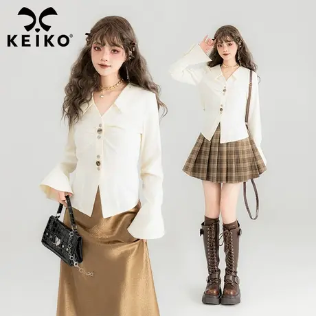 KEIKO 别致喇叭袖V领衬衫2025春季新款法式漂亮显瘦小衫短款上衣商品大图