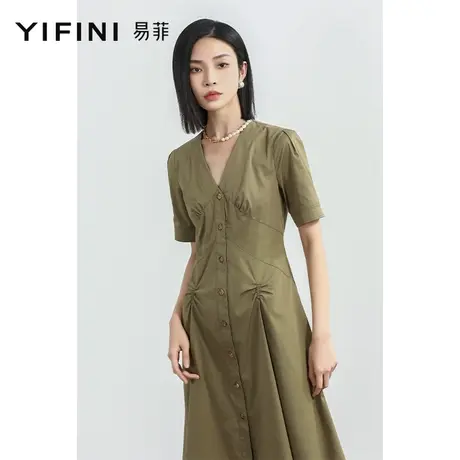 Yifini/易菲收腰显瘦V领短袖中款连衣裙女2023下优雅气质茶歇裙商品大图