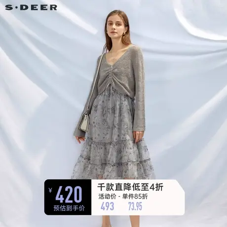 sdeer圣迪奥女装V领抽绳印花针织衫连衣裙套装S232Z1413🕸商品大图