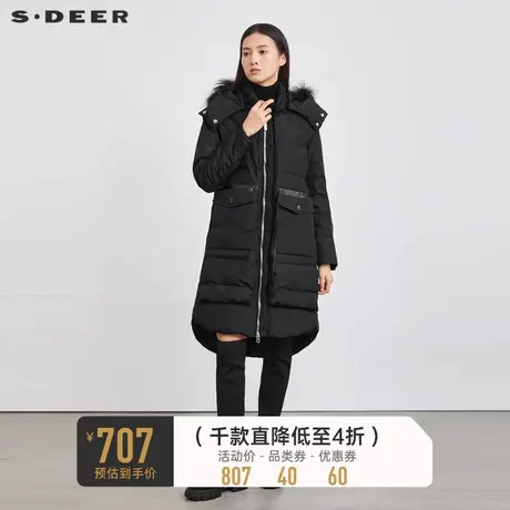 sdeer圣迪奥女装毛领连帽不规则黑色长款羽绒服女S214Z2467💏商品大图