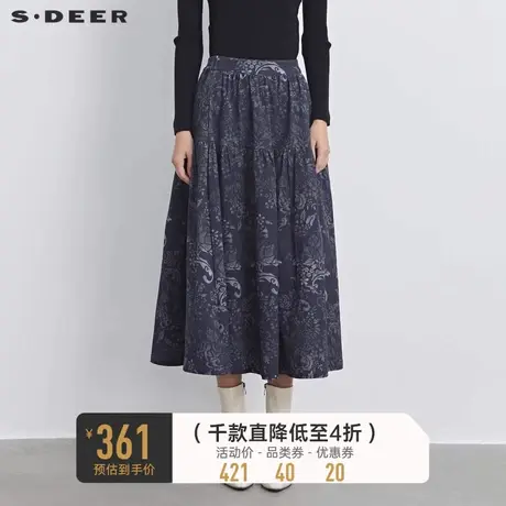 sdeer圣迪奥女装复古印花碎褶不规则A字伞裙S233Z1146商品大图