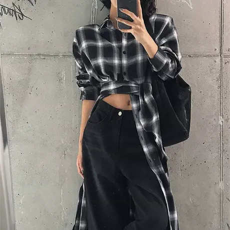 春夏装新款长袖黑色大格子衬衫女中长款韩版时尚气质系带衬衣外套商品大图