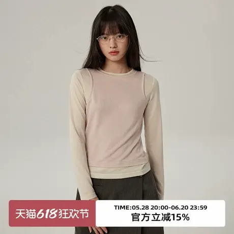 omont蛋挞家 复古假两件修身长袖T恤2025春季圆领正肩显瘦薄上衣商品大图