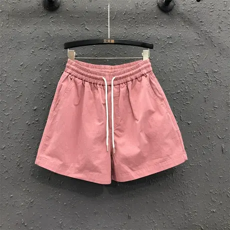 韩版休闲短裤女2025夏季新款粉色抽绳松紧腰时尚百搭阔腿五分热裤图片