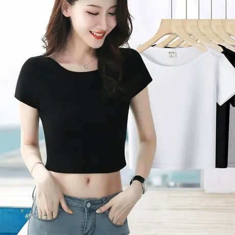 新款甜辣黑色正肩t恤女短袖弹力棉小个子修身一字领高腰短款上衣商品大图