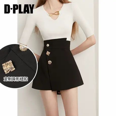 DPLAY春季新款ins风重工异形金属扣不对称搭片黑色西裤商品大图