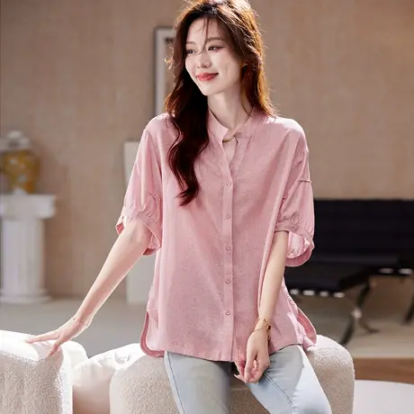 宝诗黎V领宽松棉质短袖衬衫2025夏季韩系欧若风百搭减龄休闲衬衣图片