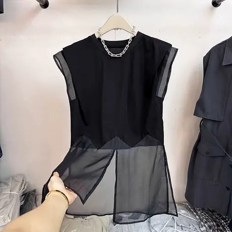 无袖衬衫女2025夏季新款欧韩货设计感薄纱假两件网红中长款上衣潮图片