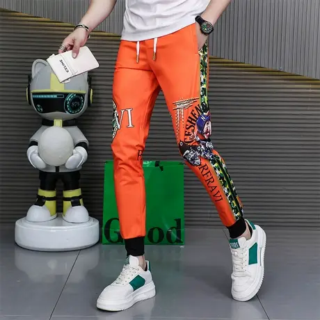 夏季炸街冰丝薄款印花休闲裤子男春秋潮牌凉感束脚卫裤速干运动裤图片