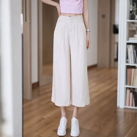 夏季麻料高腰薄款阔腿裤女垂感宽松直筒裤显瘦舒适透气八分休闲裤图片