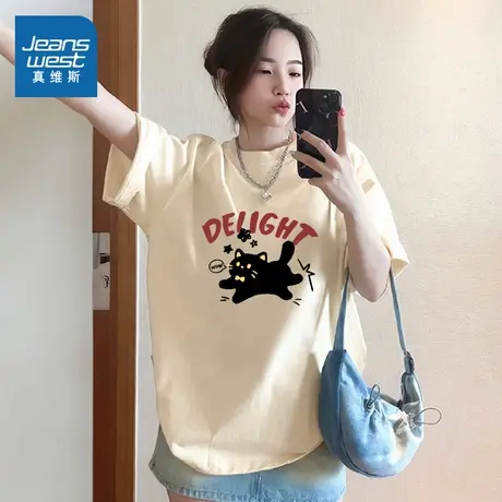 KMV真维斯美式纯棉短袖t恤女夏季新款小众设计感印花宽松半袖上衣商品大图