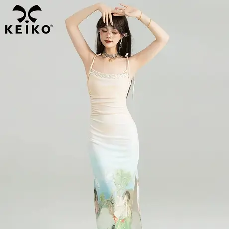 KEIKO 油画风吊带连衣裙25夏季性感纯欲蕾丝拼接掐腰显瘦包臀长裙商品大图