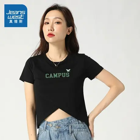 LV真维斯女装2025夏季新款 潮流时尚设计感百搭时尚短袖纯棉T恤商品大图