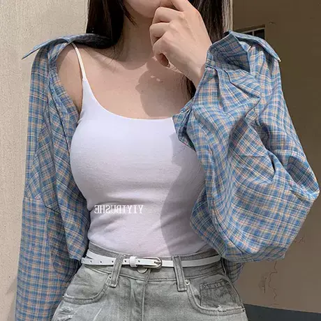 现货 韩国东大门LB289减龄女人味~气质小翻领短款修身格子衬衫he图片