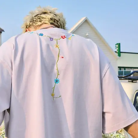 Nuthink花卉刺绣短袖T恤美式复古潮牌重磅男女情侣2025夏季新款图片