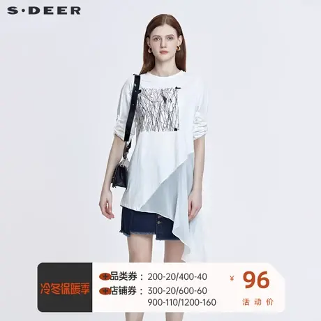 sdeer圣迪奥特卖清仓女装短袖t恤女线条拼接黑色打底衫S20180205图片