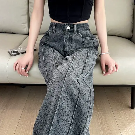 美式设计感拼接牛仔阔腿裤女春夏灰色高腰纹理感宽松直筒拖地裤子商品大图