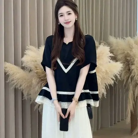 法式蕾丝拼接短袖T恤女2025夏季新款宽松显瘦百搭小衫上衣洋气潮图片