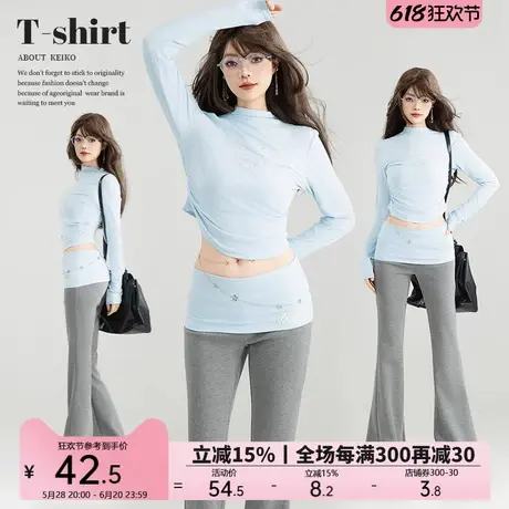 KEIKO 轻薄蓝色摧毁皱短款长袖t恤25春夏内搭弹力修身打底衫上衣图片