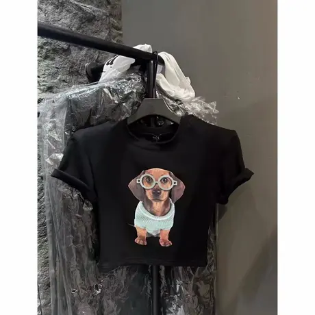 韩国东大门夏季新款减龄趣味卡通印花修身显瘦短款垫肩短袖T恤女商品大图