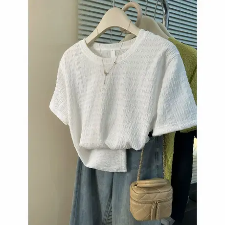 白色肌理褶皱感短袖T恤女夏装2025新款宽松半袖chic港风上衣潮ins图片