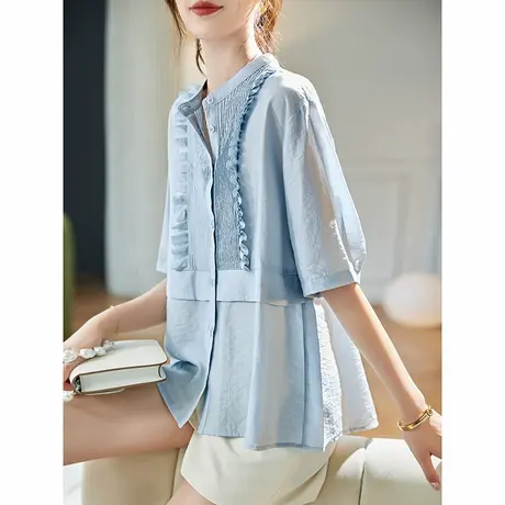 宝诗黎圆领宽松五分袖衬衫女2025夏季宽松简约纯色百搭棉质衬衣商品大图