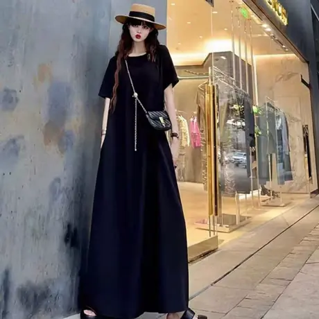 夏季新款短袖长款到裹脚套头T恤连衣裙女韩版宽松大码A字大摆裙子商品大图