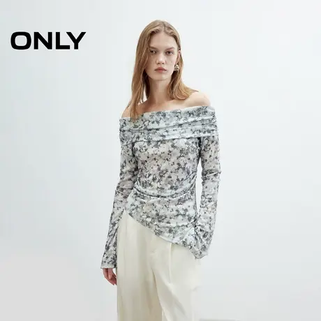 ONLY2025夏季新款性感一字肩个性晕染印花长袖弹力捏褶修身T恤女商品大图