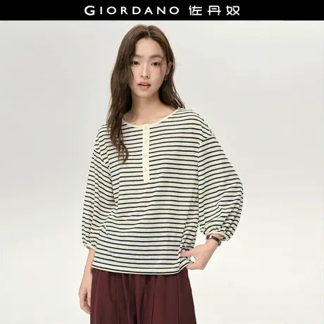 设计师款佐丹奴亨利衫女撞色条纹宽松亨利领七分袖T恤女18325814图片