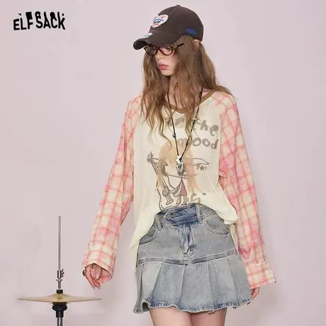 妖精的口袋格子拼接印花v领针织衫2025夏季新款慵懒风设计感罩衫商品大图