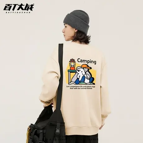 2024秋季新款卫衣趣味插画露营印花日系男户外纯棉宽松休闲上衣图片